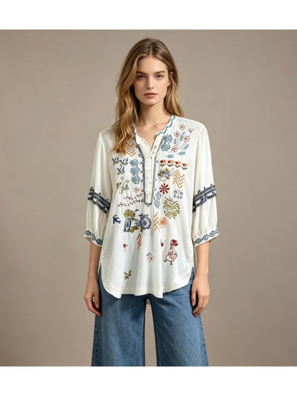 NWOT Johnny Was Biya Embroidered Floral Silk Tunic Boho White Shirt Blouse Sz S